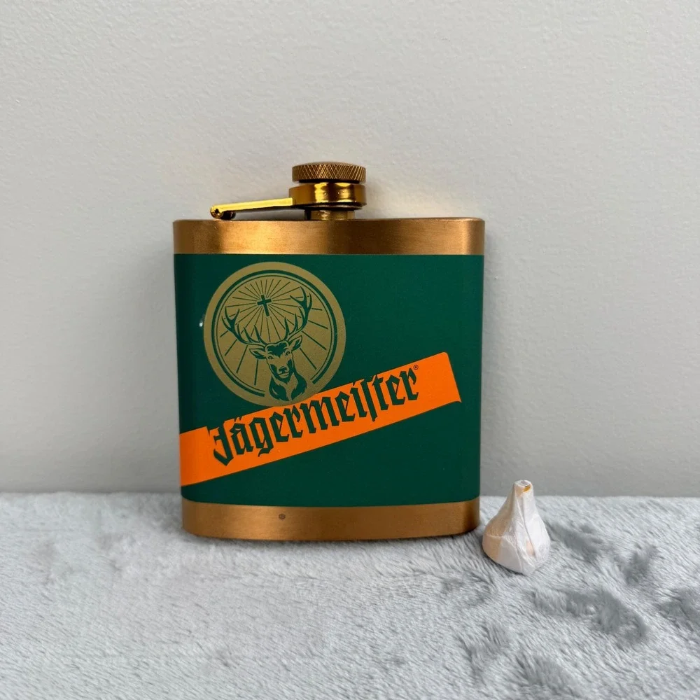 Jagermeister Gold Tone and Green Stainless Steel Hip Flask with Logo and Box